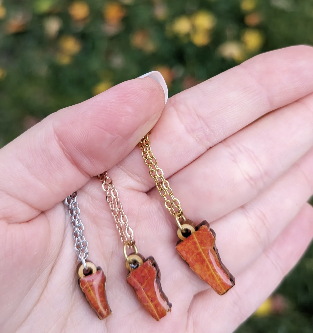 Real sugar maple leaf VT state necklace